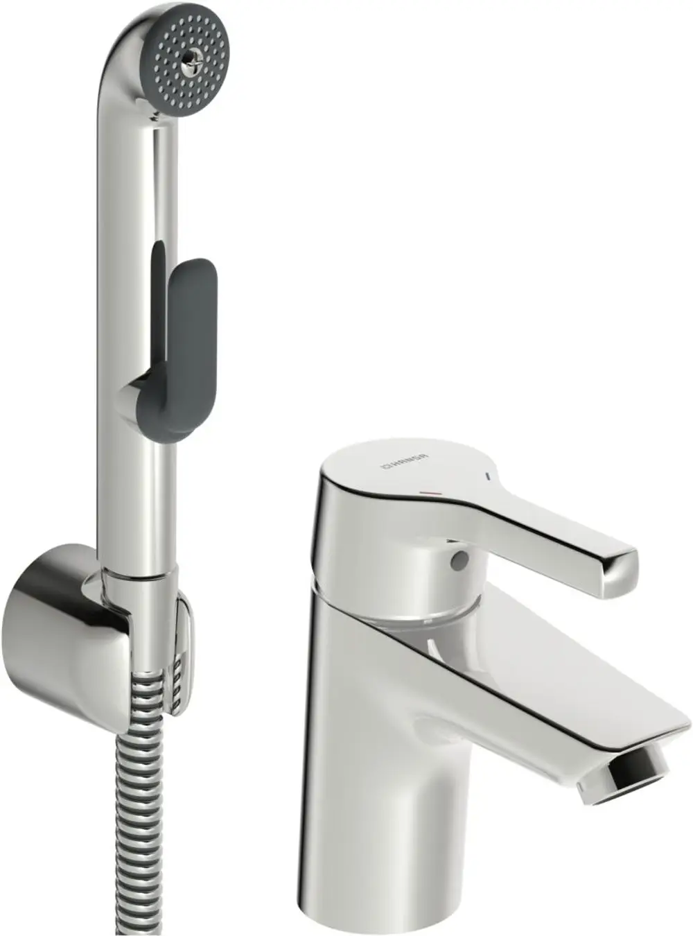 Einhebelmischer in Chromausstattung mit schwenkbarem Auslauf und integrierter Brausehalterung von HANSA. Klar strukturiertes Design für die Badinstallation.